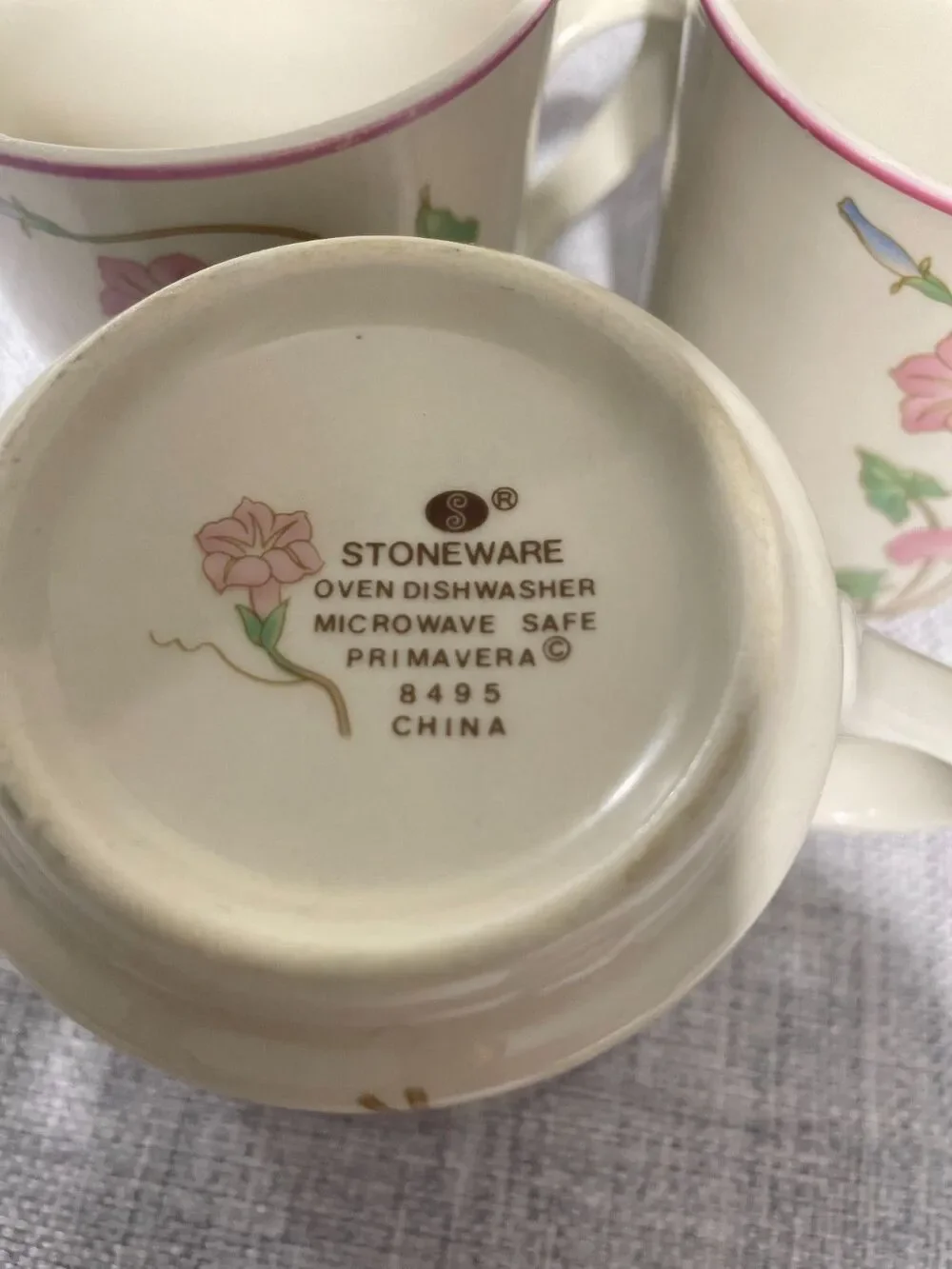 STONE WARE PRIMAVERA 8495 VINTAGE Pingk & Blue Floral‎ COFFEE MUGS SET/6 cups